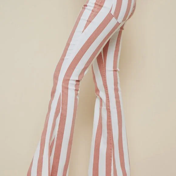 Burnt Coral Striped Washed Denim Bell Bottom Jeans - Picture 2 of 4